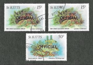 St Kitts Scott O29,O34 - Official - 3 Stamps - Used - 04-Jul-1984