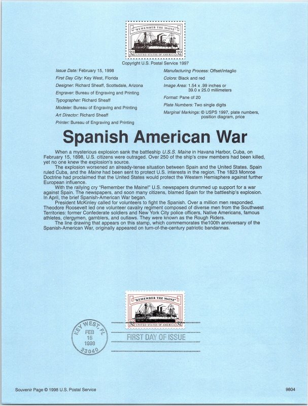 USPS SOUVENIR PAGE REMEMBER THE MAINE SPANISH AMERICAN WAR 1998