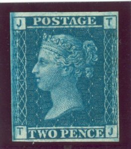 SG 45 2d blue plate 12 Imprimatur lettered TJ. A very fine example with 4 good.. 
