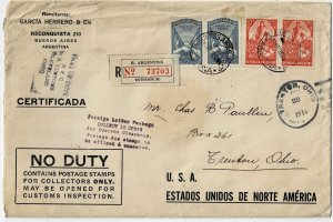 Argentina 1935 Buenos Aires cancel on registered cover to the U.S., Scott 416-17