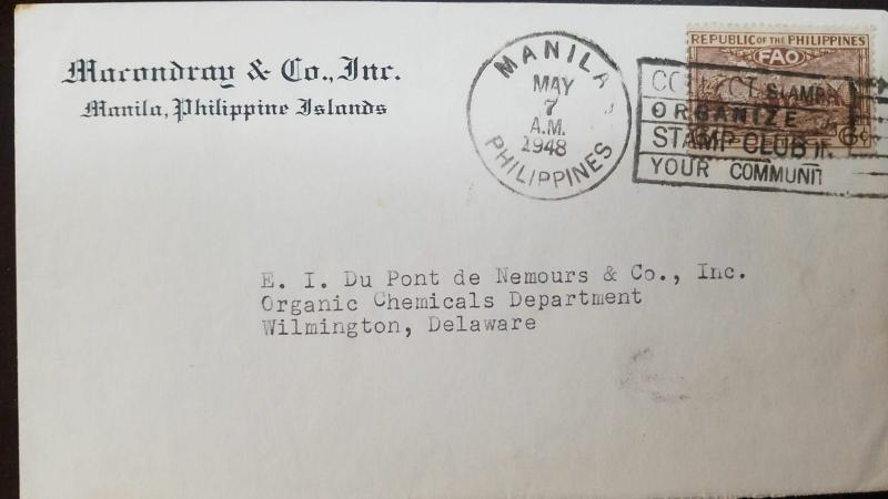 L) 1948 PHILIPPINES, 6C, FAO, BROWN, MANILA, CIRCULATED COVER FROM PHILIPPINES