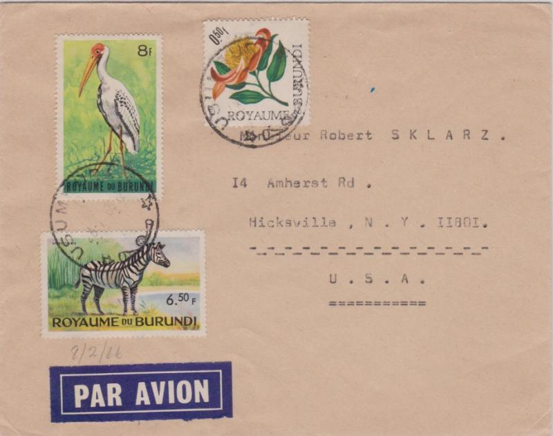 Ruanda Urundi Burundi 6.50F Zebra, 50c Protea and 8F Yellow-billed Stork 1866...