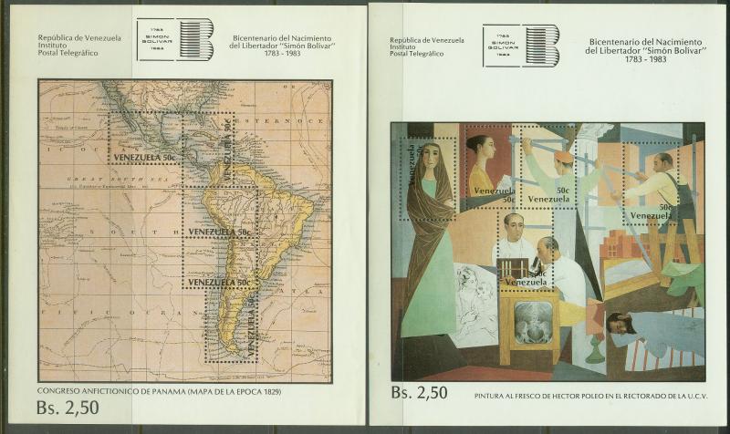 VENEZUELA 1321-1322, BICENT BIRTH OF BOLIVAR SET OF 2 SOUV SHEETS MNH F-VF.(84)