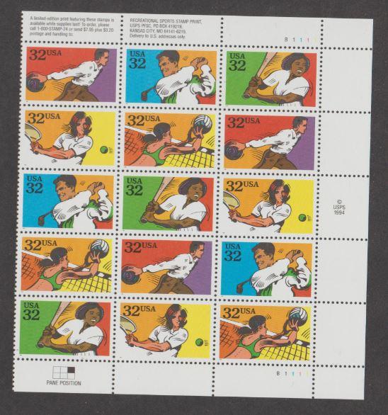 U.S. Scott #2961-2965 Recreational Sports Stamp - Mint NH Plate Block of 15