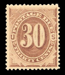 United States, Postage Dues #J6 Cat$400, 1879 30c brown, hinge remnant