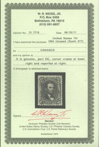 U.S. #77 MINT WITH WEISS CERT PART OG