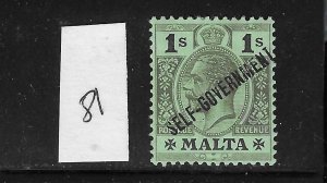 MALTA SCOTT #81 1922 SELFGOVERNMENT OVERPRINT 1SH (BLACK/EMERALD) MINT HINGED