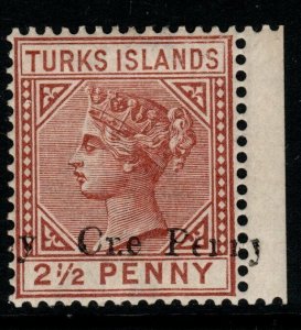 TURKS ISLANDS SG61 1889 1d on 2½d RED-BROWN MTD MINT