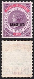 India BF7A 1r Share Transfer Perf 15.5 x 15 Opt Cancelled GREAT COLOUR