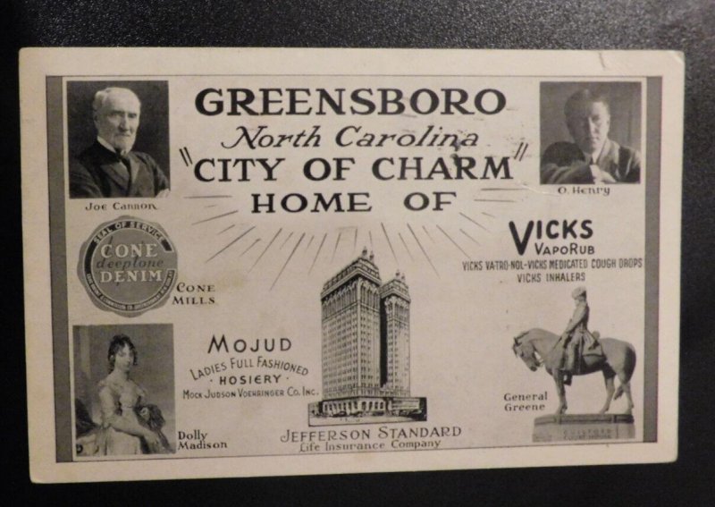 1943 USA Advertisement Postcard Cover Greensboro NC to Penn IN City of Charm Co