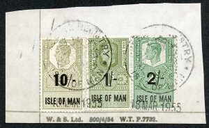 Isle of Man KGVI 10/- 1/- and 2/- Key Plate Type Revenues CDS on Piece