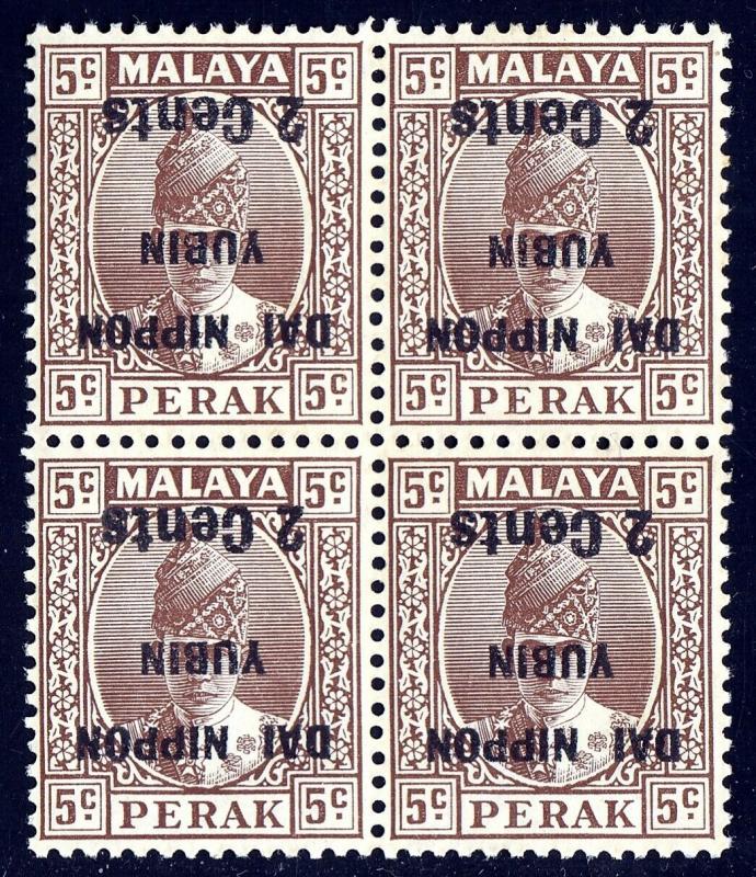 MALAYA (PERAK)— SCOTT N28b (SG J261b) — 1942 INVERTED OVPT.— MNH BLK/4— SCV $200