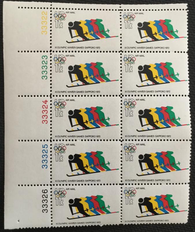 US #C85 MNH Plate Block of 10 Olympics Skiiers SCV $2.40 L21