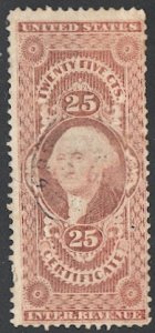 US Revenue stamp, Sc R44c Used 25c Certificate, lightly cancelledF-VF