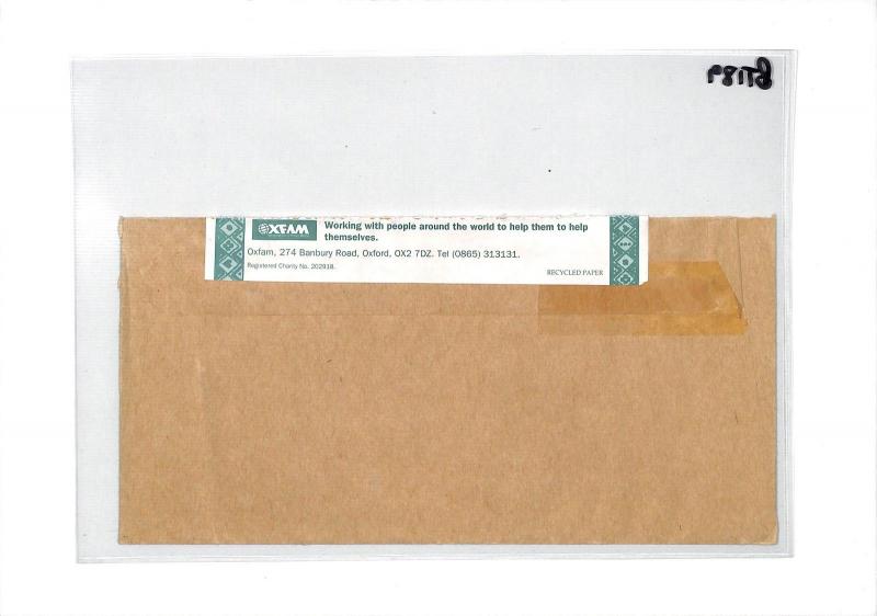 GB MACHIN 1996 Manchester OXFAM ADDRESS LABEL Re-Used Cover RE-CYCLING BT189