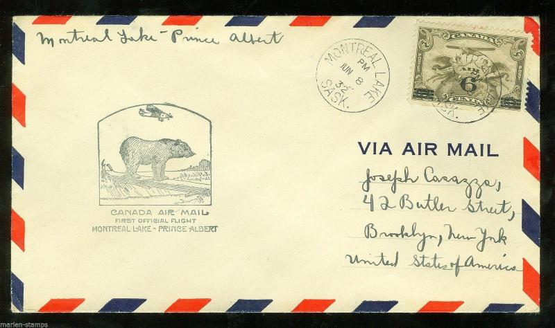 CANADA   FIRST FLIGHT COVER  MONTREAL LAKE TO PRINCE ALBERT JUNE 8, 1932