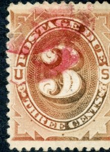 #J3 – 1879 3c Postage Due Stamp.  Used Avg.  Red Cancel.