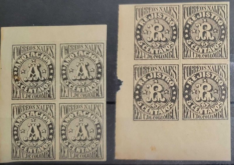 O)  1870 COLOMBIA,  REGISTRATION STAMPS, SCT F4 5c black,  REGISTRO, BLOCK FINE,