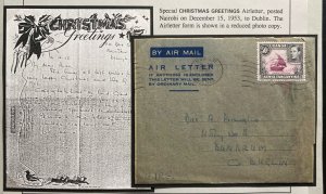 1953 Nairobi Kenya Christmas Air Letter Cover To Dublin Ireland