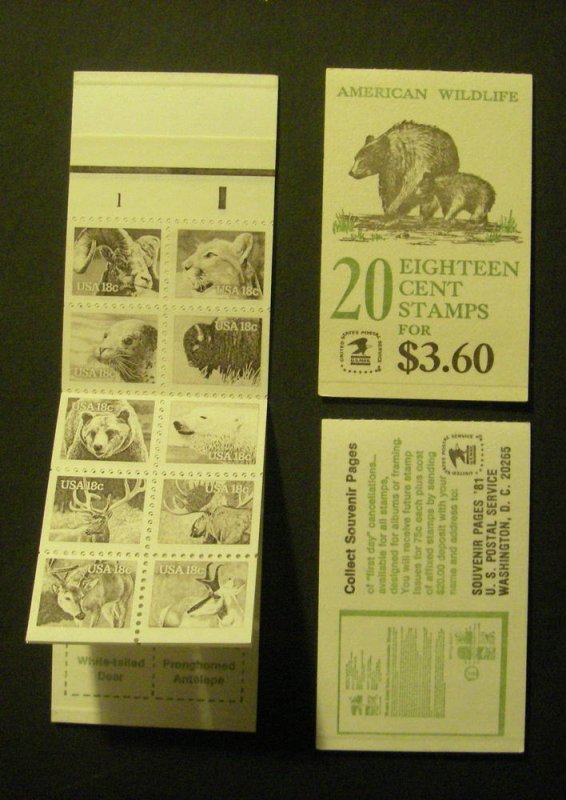 BK137, Scott 1889a, 18c Wildlife Complete Booklet of 20, PL#1, MNH Beauty