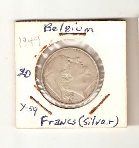 Belgium, 20 Francs, 1949, VF, silver