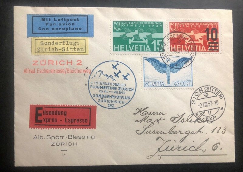 1937 Zurich Switzerland Airmail Special Flight Exhibition cover To Sitten Sc#c10 