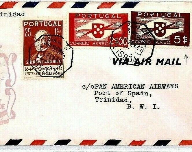 PORTUGAL FFC Lisbon TRINIDAD BWI 1948 PAN-AM Air Mail First Flight Cover CS308