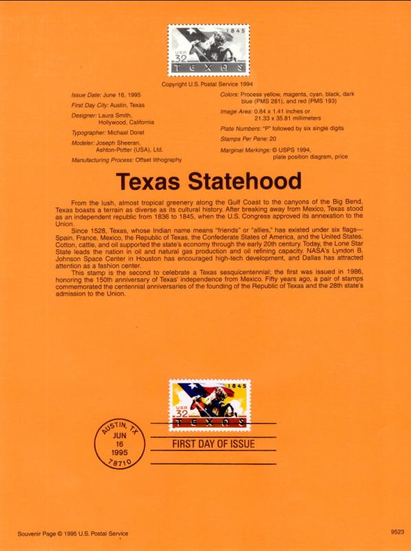 US SP1149 Texas Statehood 2968 Souvenir Page FDC