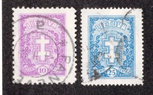 Lithuania 1927 10c & 25c Cross, Scott 213, 215 used, value = 65c