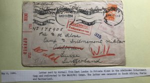 1944 East London South Africa Cover To POW  Internment Camp WIL In Switzerland