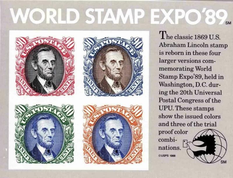 US Sc #2433 World Stamp EXPO '89 Sheet of 4 90¢  Lincoln  MNH $3.60 Face CV $16