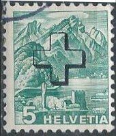 Switzerland O2 (used) 5c Mt. Pilatus, blue green, ovptd with cross (1938)