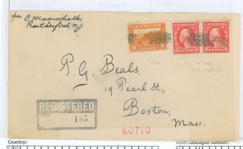 US 400A Tied to registered cover with 2 4-5 or 463.  From Rutherford, NJ to Boston,Mass.  Backstamped Boston reg div July 18, 19
