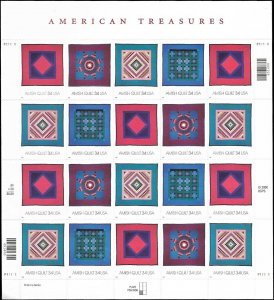 US Scott #3524-3527 2001 MNH 34c Amish Quilts Full Sheet Plate P11111