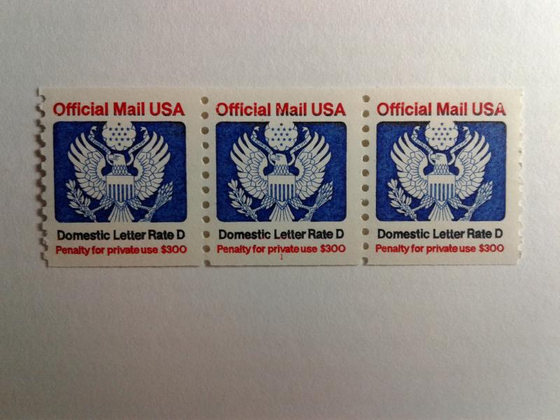 SCOTT # O139 RATE D COIL STRIP OF 3 OFFICIAL MAIL USA MINT NEVER HINGED