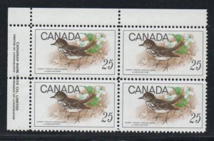 Canada Sc 498 1968 25c Hermit Thrush stamp Inscription Block of 4  mint NH