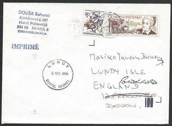 CZECHOSLOVAKIA TO LUNDY 1990 cover with arrival cds on front...............48755