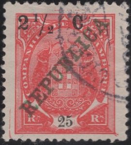 Mozambique Company 1916 used Sc 95 2 1/2c on 25r Coat of Arms REPUBLICA o/p
