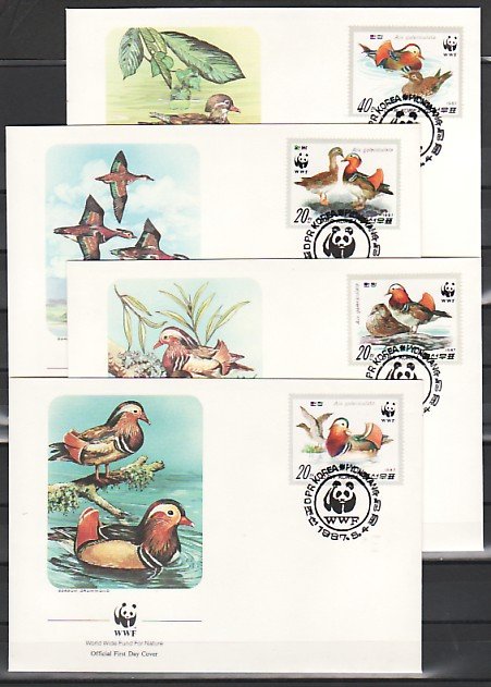 N. Korea, Scott cat. 2679-2682. W.W.F.- Mandarin Ducks. 4 First day covers. ^