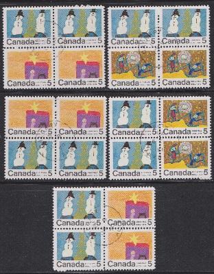 Canada Group of 5 used Christmas blocks of 4 containing #521, 522 and 523