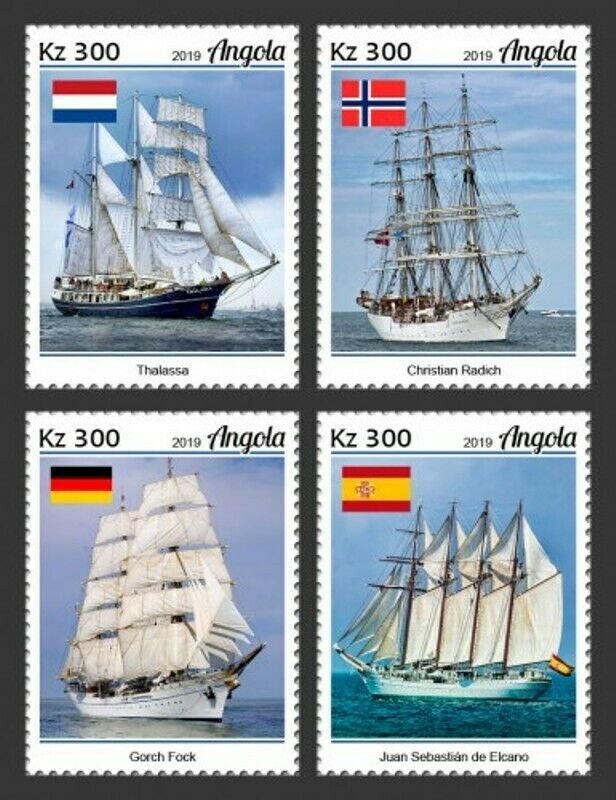 Angola - 2019 Tall Ships & Flags on Stamps - Set of 4 Stamps - ANG190116a