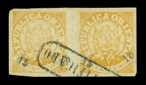 URUGUAY 1866 Coat of Arms SURCH. 15c/10c ochre  Sc# 26 used VF PAIR  very scarce