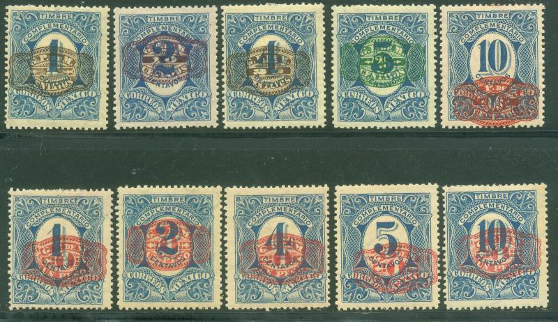 MEXICO 593-602, COLOR BARRIL SURCHARGE, COMPLETE SET OF 10 UNUSED, H OG (934)