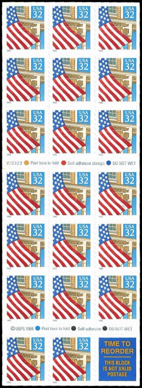 PCBstamps   US #2920a Bk Pane $6.40(20x32c)Flag, blue 95, V23322, MNH, (2)