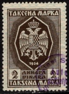 1934 Yugoslavia Revenue 2 Dinar General Tax Duty Used