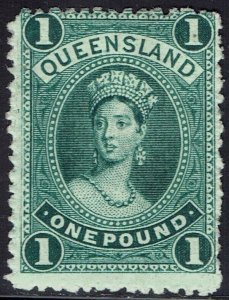 QUEENSLAND 1882 QV LARGE CHALON £1 WMK LARGE CROWN/Q UPRIGHT 