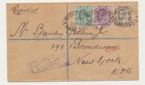 TRANSVAAL 1913 REGISTERED COVER, CAPR TOWN TO NEW YORK, 6½d RATE (SEE BELOW
