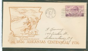 US 782 1936 3c arkansas centennial single on an addressed fd cover with a kershner cachet, cover has a tiny edge tear on the top