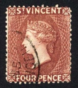 St Vincent SG50 4d Red-brown Wmk Crown CA Fine used Cat 22 Pounds