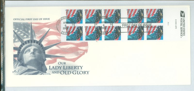 US 3978a lady liberty and old glory booklet pane of 10 39c stamps with plate number on an unadd. cacheted FDC